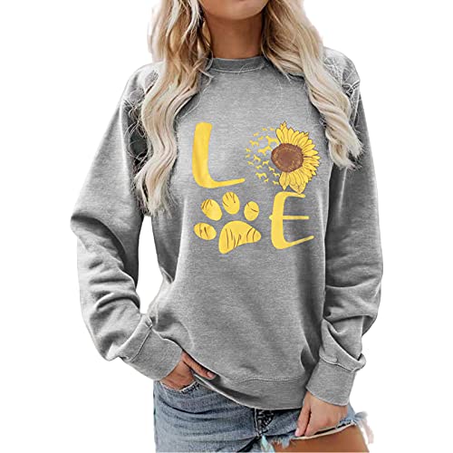Anbech Sunflower Graphic Sweatshirt Women Dog Paw Print Love Dog Funny Long Sleeve Tee Top Pullover