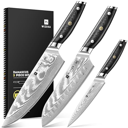 WIZEKA Damascus Knife Set 3 PCS,Super Sharp Kitchen Knife Set Made of Japanese Steel VG10,Full Tang Professional Chef Knife Set With G10 Ergonomic Handle,Gift Box,Christmas Gifts