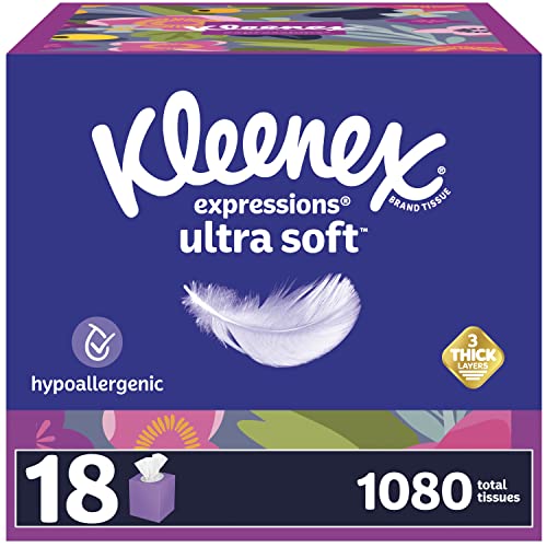 Kleenex Expressions Ultra Soft Facial Tissues, 18 Cube Boxes, 60 Tissues per Box, 3-Ply (1,080 Total Tissues), Packaging May Vary