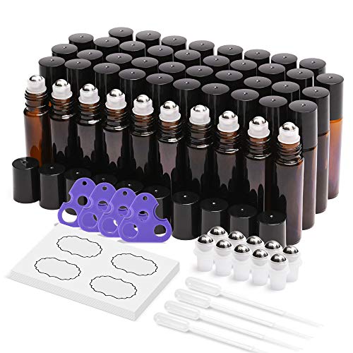 ULG Essential Oil Roller Bottles 48 Pack 10 ml Amber Glass Empty Bottles with Stainless Steel Roller Balls (10 extra balls, 4 Openers, 4 Droppers, 48 Waterproof Labels)