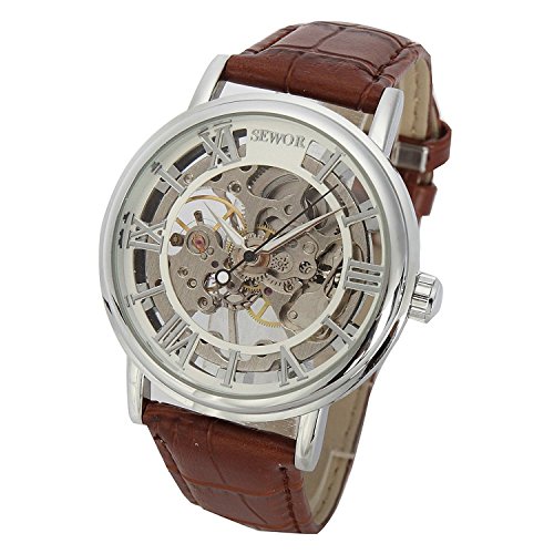 SEWOR Men's Mechanical Skeleton Transparent Vintage Style Leather Wrist Watch (Sliver)