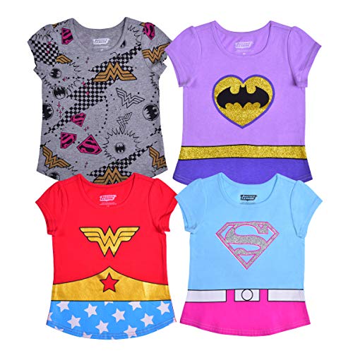 DC Comics Justice League Girls Short Sleeve T-Shirt 4 Pack for Toddlers and Big Kids – Grey/Purple/Red/Blue