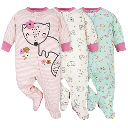 Gerber Baby Girls' 3-Pack Sleep 'N Play, Pink Floral Fox, 0-3 Months
