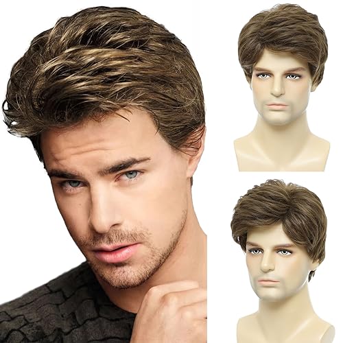 Mens Brown Wig, Short Men Wigs Natural Fluffy Cosplay Costume Synthetic Mens Wig for Male Guy Halloween