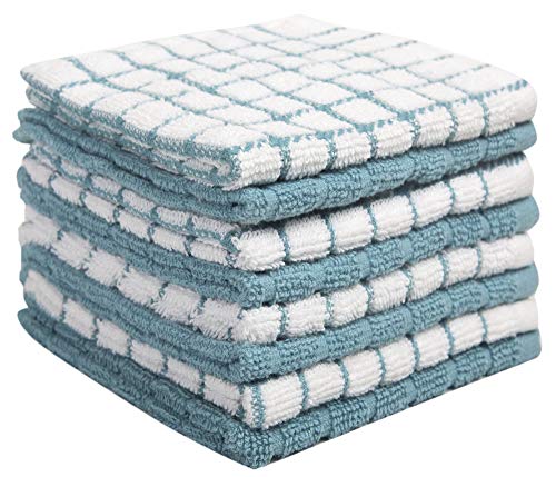 Bumble Premium Cotton Dish Cloths (12' x 12') Aqua Check Design | Highly Absorbent with Hanging Loop | Natural Ring Spun Cotton | Kitchen Dish Towel Set | 380 GSM - 8 Pack