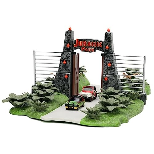Nano Scene Jurassic Park 30th Anniversary Jurassic Gate Diorama w/ Two 1.65' Die-Cast Cars, Toys for Kids and Adults