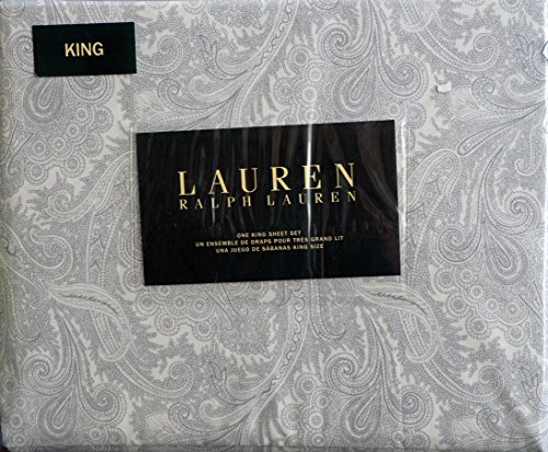 Ralph Lauren 4 Piece King Sheet Set Gray Paisley Pattern on White