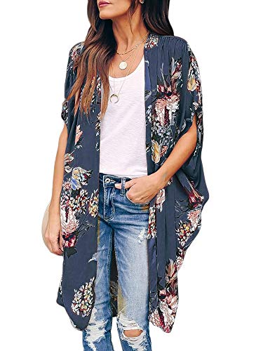 Womens Floral Beach Cover Up Kimono Open Front Cardigans Short Sleeve Draped Flowy Duster Cape