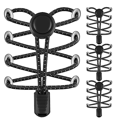 AMLY 4 Pairs of Elastic No Tie Shoelaces, Upgraded Lock, Reflective Shoe Laces for Kids and Adults (Black- Black-Black-Black)