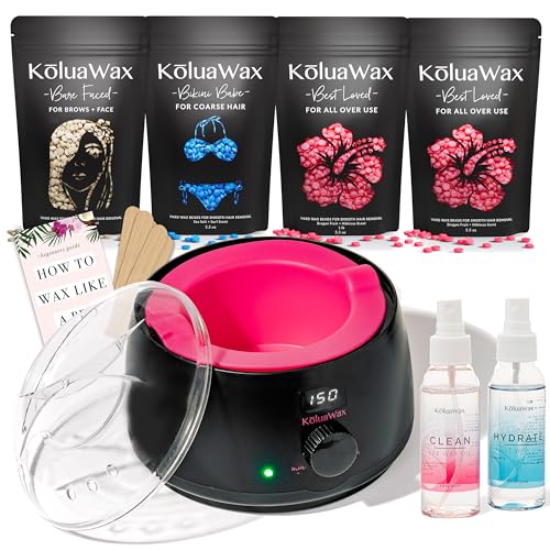 KoluaWax Premium Waxing Kit for Women - Hot Melt Hard Wax Warmer for Hair Removal, Eyebrow, Bikini, Legs, Face, Brazilian Wax - Machine, 4-Pack Beads, Accessories, Black - Mothers Day Gifts for Mom