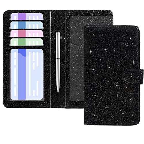ACdream Checkbook Cover, Leather RFID Blocking Check Book Wallet, Protective Premium Business and Personal Duplicate Checks Holder, with Credit Card Slots for Women Men, Glitter Black