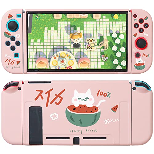 Starry Forest Cute Protective Cases for Nintendo Switch with joycon Stick Covers, Pink Case Cover Shell Skin for Regular Switch Console for Girls, Watermelon Cat (for Regular Switch)