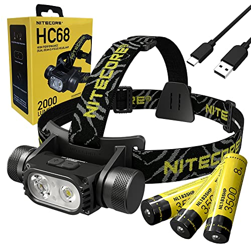 Nitecore HC68 Type-C Rechargeable Dual Beam E-Focus Headlamp, Luminus SST-40-W 2000 Lumens, Choices of Eco-Sensa Accessories (+ 2X Extra NL1835HP)