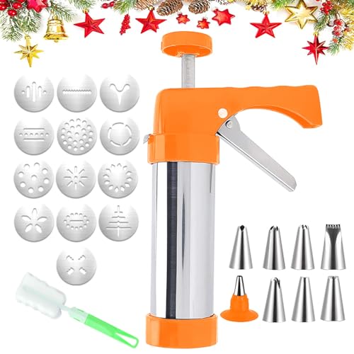 Cookie Press, Stainless Steel Cookie Press Gun with 13 Spritz Cookie Press Stencil Discs and 8 Icing Tips, Multifunctional Cookie Press for Baking, Perfect for DIY Cookie Maker and Cake Icing