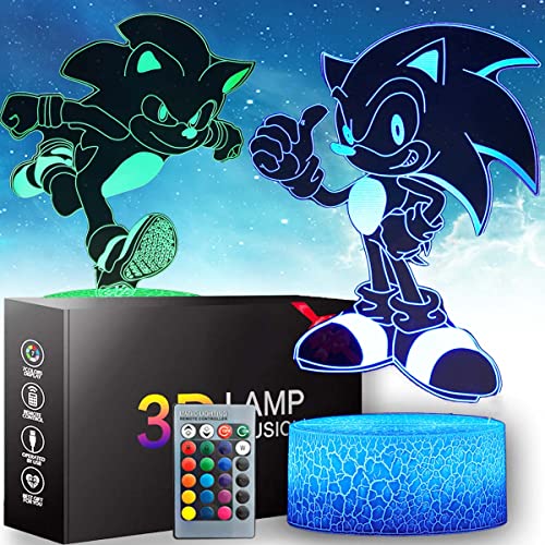 ALLODUCK 3D Illusion Sonic Night Light - 2 Pattern 16 Color Change Decor Hedgehog Lamp with Remote Control Kids Bedroom Decoration, Creative Lighting Christmas Gifts for Kids