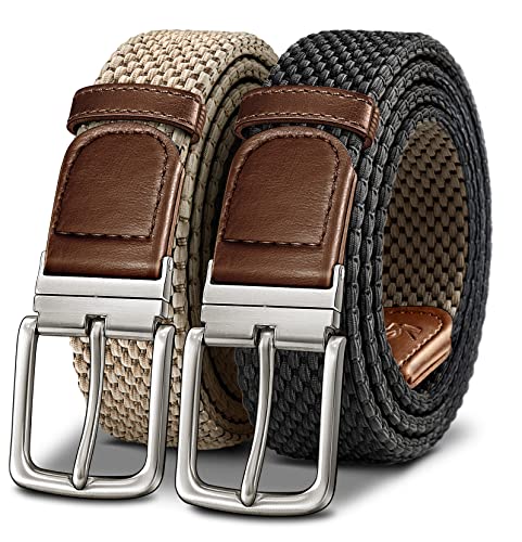 KEMISANT Braided Belt Reversible,Elastic Stretch Belt for Men Golf Casual 1 3/8',2 In 1 Belt(Black/Beige,36'-40' Waist Adjustable)