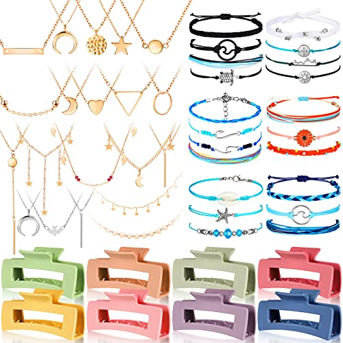 49 Pcs Jewelry Things for Teen Girls Cute Stuff Summer 21 Surfer Wave String Friendship Bracelets 20 Layered Choker Silver Gold Necklaces 8 Square Claw Hair Clips for Women Accessories (Charming)
