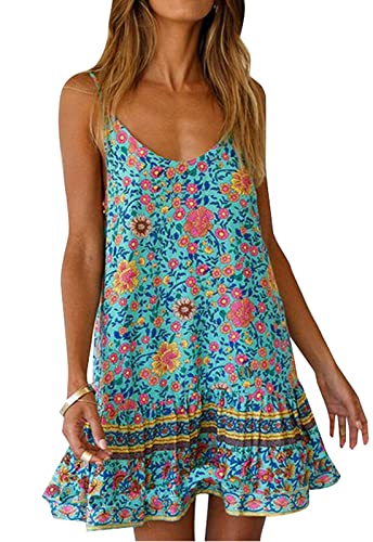 Women's Summer Floral Printed Spaghetti Strap Crewneck Ruffle Swing Beach Short Dress with Pockets XXL Green