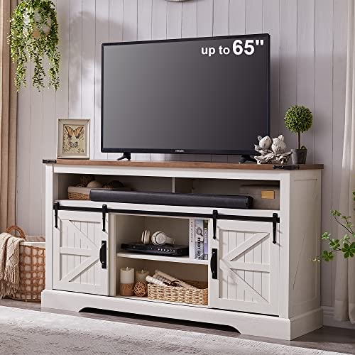 OKD Farmhouse TV Stand for 65+ Inch TV, 33' Tall Highboy Entertainment Center w/Sliding Barn Door, Rustic Media Console w/Storage Shelves, Wood Television Stand for Living Room, Antique White