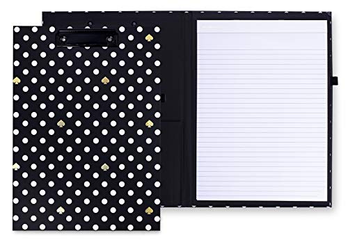 Kate Spade New York A4 Clipboard Folio with Low Profile Clip, Black Professional Padfolio Includes Lined Notepad, Pen Loop, and Pocket, Polka Dots