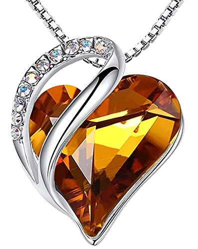 Leafael Womens Brass Necklaces, Infinity Love Heart Pendant Birthstone Crystal Jewelry Gifts for Wife, Silver Plated 18 + 2 inch Chain, 11a-November-Amber Brown