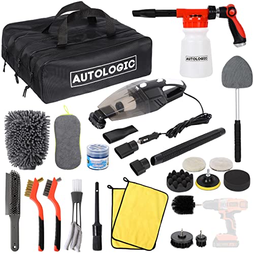 Autologic Car Detailing Kit - 26-Piece Exterior & Interior Car Cleaning Kit - Vacuum Cleaner, Foam Gun, Mittens, Brushes, Gel, Windshield Tool, Applicators, Cloths - Auto Maintenance Tools & Equipment