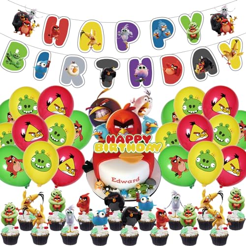 50 Pcs An-gry Bird Party Decorations, Cartoon Bird Party supplies, Including Birthday Banner, Cake ＆Cupcake Toppers, Balloons, Suitable for Boys Girls Children Theme Birthday Party Decorations