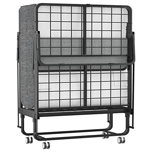 Karcog Folding Bed with Mattress and Headboard, Cot Size Rollaway Bed for Adults, Extra Guest Bed with Memory Foam Mattress and Metal Frame, 78” x 30'