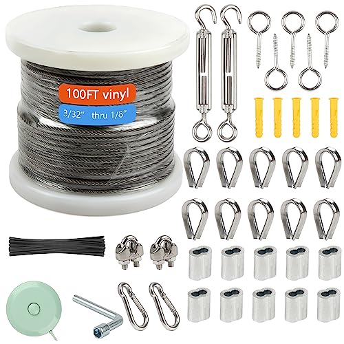 Shineyoo 1/8' Wire Rope Kit，Steel Wire Cable，100FT Turnbuckles for Cables Wire，Vinyl Coated Stainless Steel Cable Wire for Outdoor,Garden,Kitchen,Craft with Turnbuckle