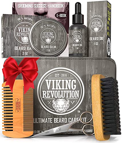 Viking Revolution Beard Care Kit for Men - Kit includes 100% Boar Beard Brush, Wooden Comb, Beard Balm, Beard Oil, Beard & Mustache Scissors in a Metal Box