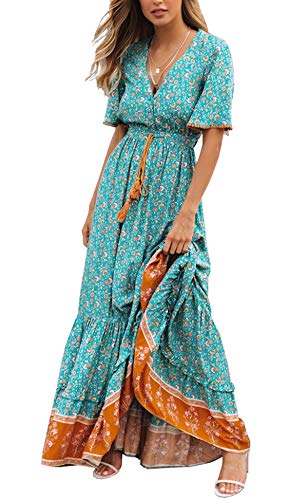 R.Vivimos Womens Summer Cotton Short Sleeve V Neck Floral Print Casual Bohemian Midi Dresses (Large, Green)
