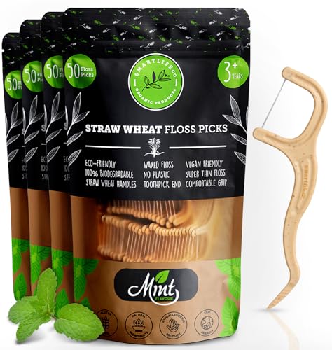 SMARTLIFECO Biodegradable Dental Floss Picks - Natural Plastic Free Handle, Thin Thread Tooth Flossers for Adults & Kids, Eco Friendly Toothpick Soft on Gum & Teeth, Zero Waste Vegan, 200 mint