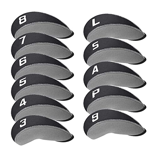 11pcs/Set Neoprene Iron Headcover Set with Large No. for All Brands Callaway,Ping,Taylormade,Cobra Etc. (Gray & Black)