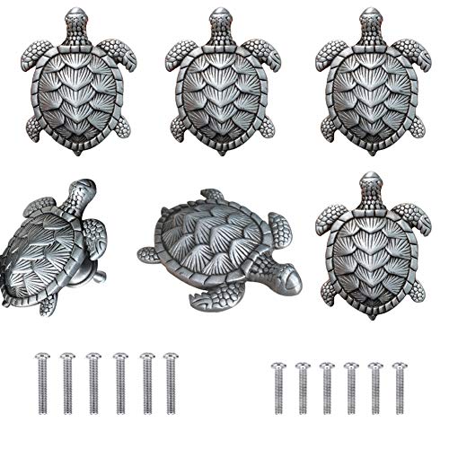 6 Pack Creative Shapes Drawer knobs Beach Ocean Theme Single Hole Pulls Handles Cabinet Decorative Metal Furniture Knobs Closet Drawer Dresser Wardrobe Antique Pewter Color (Sea Turtle)