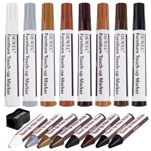 Furniture Markers Touch Up, Upgrade Wood Furniture Repair Kit, Premium Wood Scratch Repair Markers and Wax Sticks for Wood Stains Scratches Hardwood Wooden Floors Tables, Set of 17