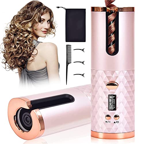 Cordless Ceramic Barrel Automatic Hair Curler - Fast Heating Wave Wand with 4 Temps & 3 Timers for Long/Short Hair. Portable, Perfect for Travel & Home Use
