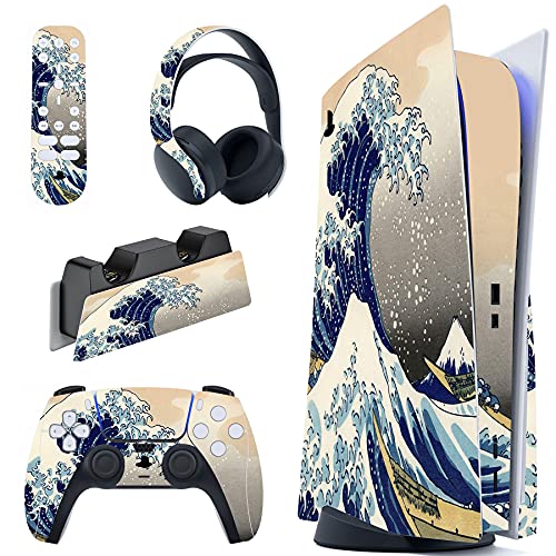 PlayVital Great Wave Dual Side Full Set Skin Decal for PS5 Console Disc Edition, Sticker Vinyl Decal Cover for PS5 Controller & Charging Station & Headset & Media Remote