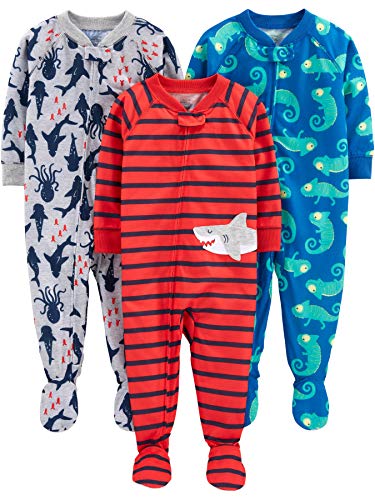 Simple Joys by Carter's Baby Boys' 3-Pack Loose Fit Flame Resistant Polyester Jersey Footed Pajamas, Blue Chameleon/Grey Shark/Red Stripe, 18 Months