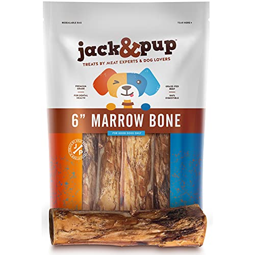 Jack&Pup Dog Bones for Aggressive Chewers Premium Grade Roasted Marrow Bones for Dogs – 6 inch Dog Bones for Large Dog - All Natural Gourmet Treat Chews – Long Lasting Chew (6 Pack)