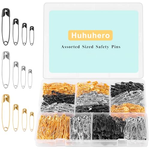 Huhuhero Safety Pins, 630-Pack Assorted Safety Pins for Clothes Pins, 4 Different Sizes Large Safety Pin Heavy Duty, Small Mini Pins for Clothing, Sewing, Jewelry Making, Arts and Crafts Supplies