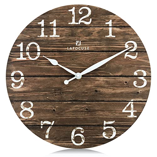 Lafocuse 12 Inch Rustic Farmhouse Wooden Wall Clock Silent Non Ticking,Battery Operated Vintage Shabby Chic Distressed Retro Brown Clock Decorative for Living Room Kitchen Bedroom Office