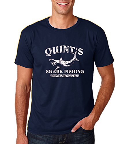 AW Fashions Quint's Shark Fishing - 70's Movie Amity Island Present for Fisherman - Jaws Retro Men's T-Shirt (Large, Navy)