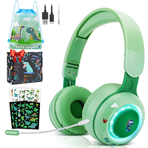 QearFun Kids Toddlers Bluetooth Headphones, Foldable 9 Colorful Led Lights Wireless Dinosaur Headphones with Mic & 3.5mm Jack, Boys Girls On-Ear Gaming Headset Gifts for PS4/Xbox One/Switch/PC/Tablet