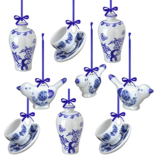 Chinoiserie Ornaments Porcelain Blue Ornament Christmas Hanging Pendant Decorative Hanging Ornaments for Christmas Tree Decoration (Vivid Style,9 Pieces)