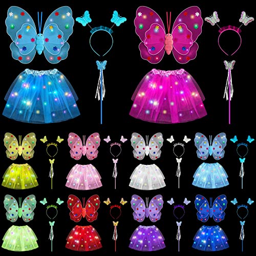 Jecery 40 Pcs Girls Light up Fairy Costume Set LED Tutu Skirt LED Fairy Butterfly Wings Butterfly Wand and Headband for Halloween Princess Dress Cosplay Party