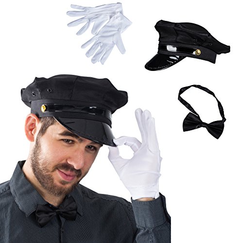 Tigerdoe Chauffeur Costume - Limo Driver Costume - Black Chauffeur Hat, Gloves & Bow Tie - (3 Piece Set)