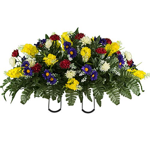 Sympathy Silks Artificial Cemetery Flowers – Realistic Wildflower Outdoor Grave Decorations - Yellow Red Wildflower Saddle for Headstone