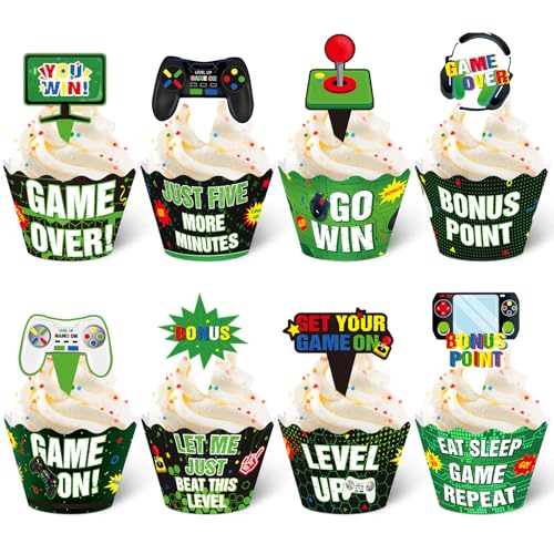 Nuenen 96 Pcs Video Game Cupcake Decoration Game Themed Cupcake Toppers and Wrappers Gamer Birthday Cupcake Picks Game on Cupcake Wrappers Level up Cupcake Decor for Gaming Party Supplies (Green)