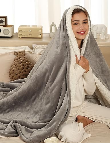 Heated Throw Blanket Electric Blanket Throw, Heated Blanket with 5 Heating Levels & 4 Hours Auto Off, Super Cozy Soft Sherpa Heating Blanket with Fast Heating for Bedding, 50'x60', Light Gray