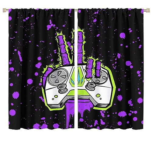 Vintage Gamer Hand Gamepad Curtains,Cool Watercolor Graffiti Cartoon Video Game Controller Window Drapes Thermal Insulated Rod Pocket Blackout Curtains for Bedroom 2 Panels 63' L x 36' W